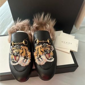 Gucci Black Princetown Tiger Leather Fur Shearling Loafer Slide Mule Size 8.5